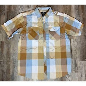 Brooklyn State Mens 3XL Plaid Short Sleeve Button Down Shirt Blue Tan Brown